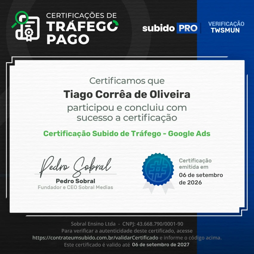 Certificação Subido de Tráfego — Google Ads — Subido PRO — Pedro Sobral